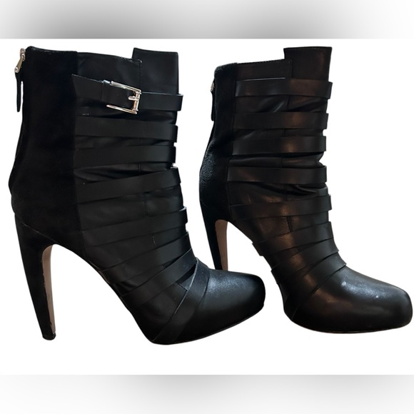 SAM EDELMAN Kendrix Suede/Leather Buckle & Strap Banana Heel Booties Black 9.5 - Picture 3 of 11